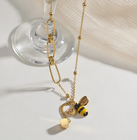 Bee Charm Square Pendant Necklace