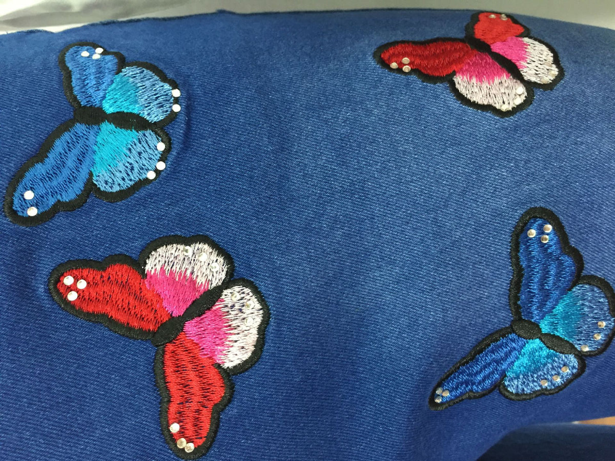 Women’s Embroidered Butterfly Rhinestone Flare Jeans – Blue Wide-Leg Statement Denim, S–3XL
