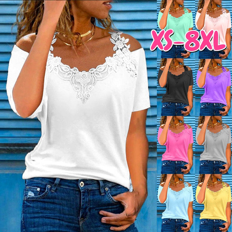 V-Neck Patchwork Lace Casual Loose T-Shirt for Women