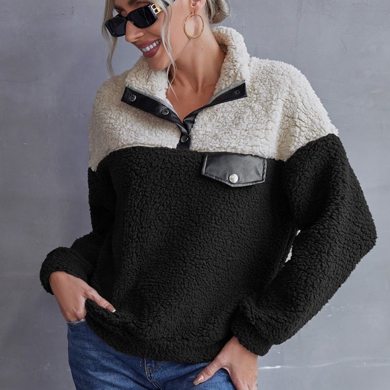 Women’s Color-Blocking Casual Plush Sweater – Loose-Fit Round Neck Long Sleeve Pullover, 4 Colors, S–XL
