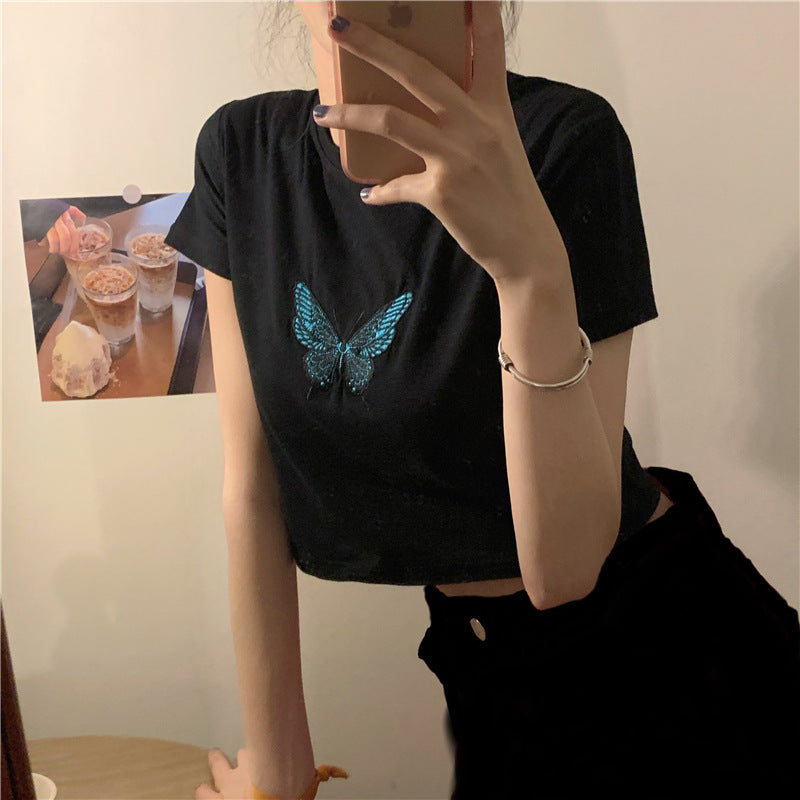 Summer Butterfly Print Short Sleeve T-Shirt for Women