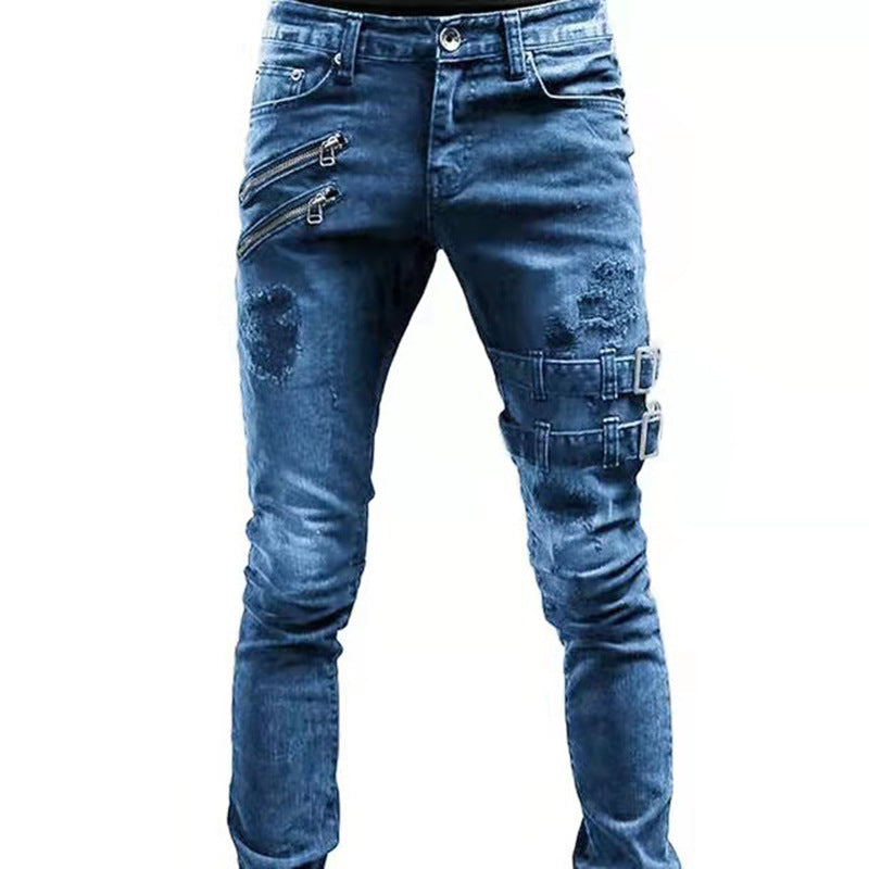Men’s Trendy Ripped Motorcycle Jeans – Cotton Mid-Waist Tight-Fit Denim in Black, Dark Blue & Gray, S–3XL