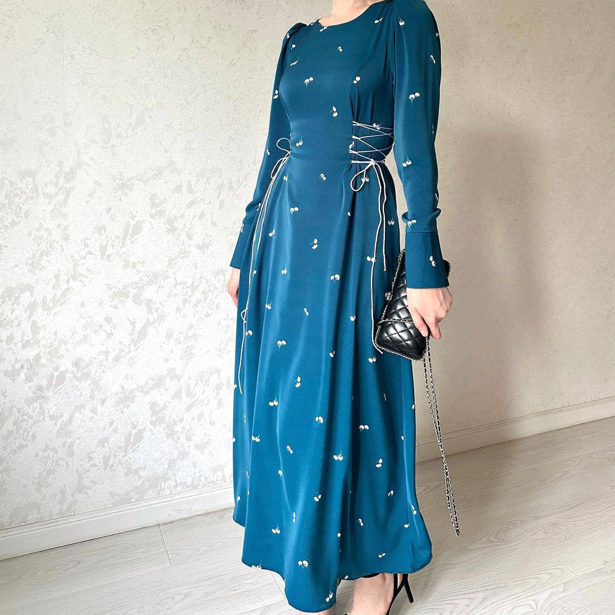 Women’s Elegant Sky Blue Long-Sleeve Dress – Flowing Polyester Long-Waist Dress, S–XXL