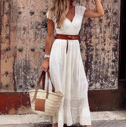 WOLFF Cotton Lace Maxi Dress for Women – Elegant A-Line V-Neck Dress for Weddings & Special Occasions