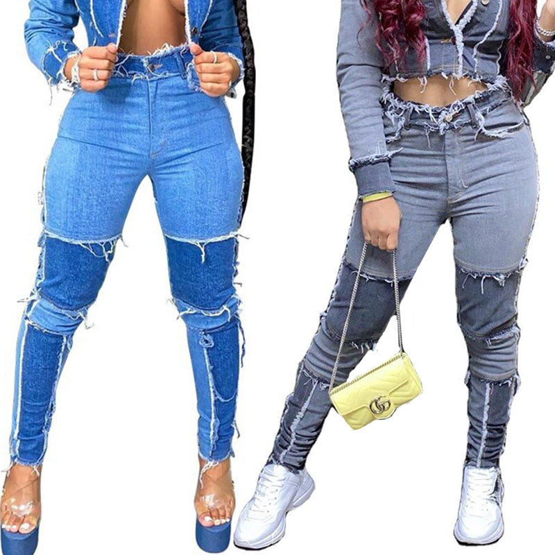 Women’s Colorblock High-Waist Skinny Jeans – Cotton-Blend Autumn Pants, S–3XL