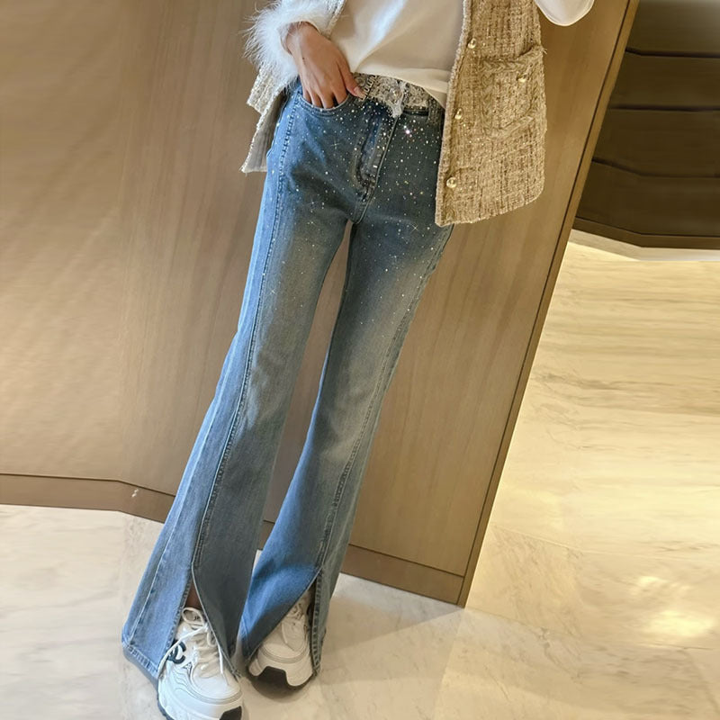 Women’s High-Waist Rhinestone Split Flared Jeans – Glam Slight-Flare Statement Pants, S–L