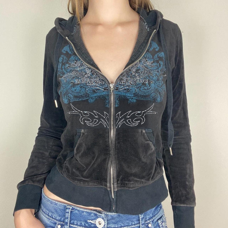Men’s Y2K Vintage Embroidered Zip-Up Hoodie Jacket – Slim-Fit Streetwear Hooded Sweatshirt