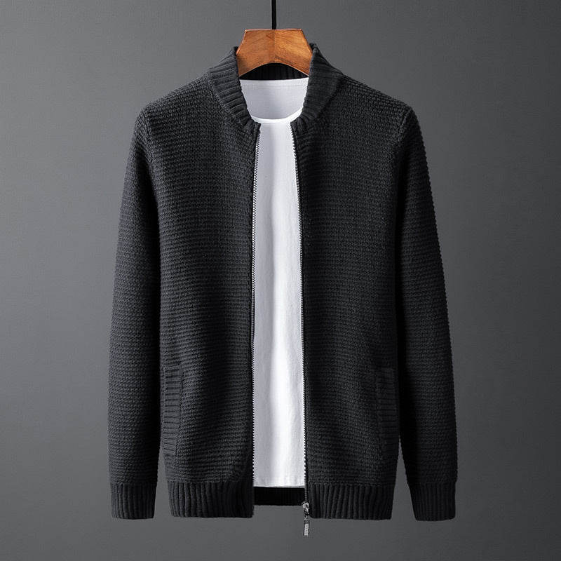 Men’s Pure Cotton Stand Collar Cardigan Sweater – Slim-Fit Long Sleeve Knit, 4 Colors, M–5XL