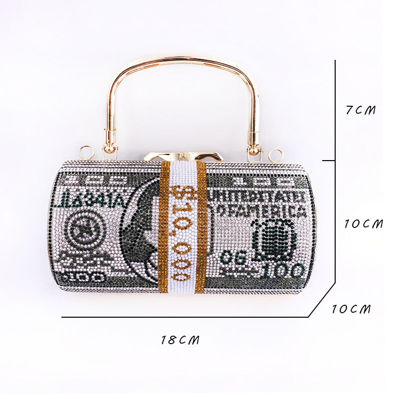 Luxury Crystal Dollar Design Evening Clutch Bag – Rhinestone Money Purse with Chain Strap for Weddings & Parties