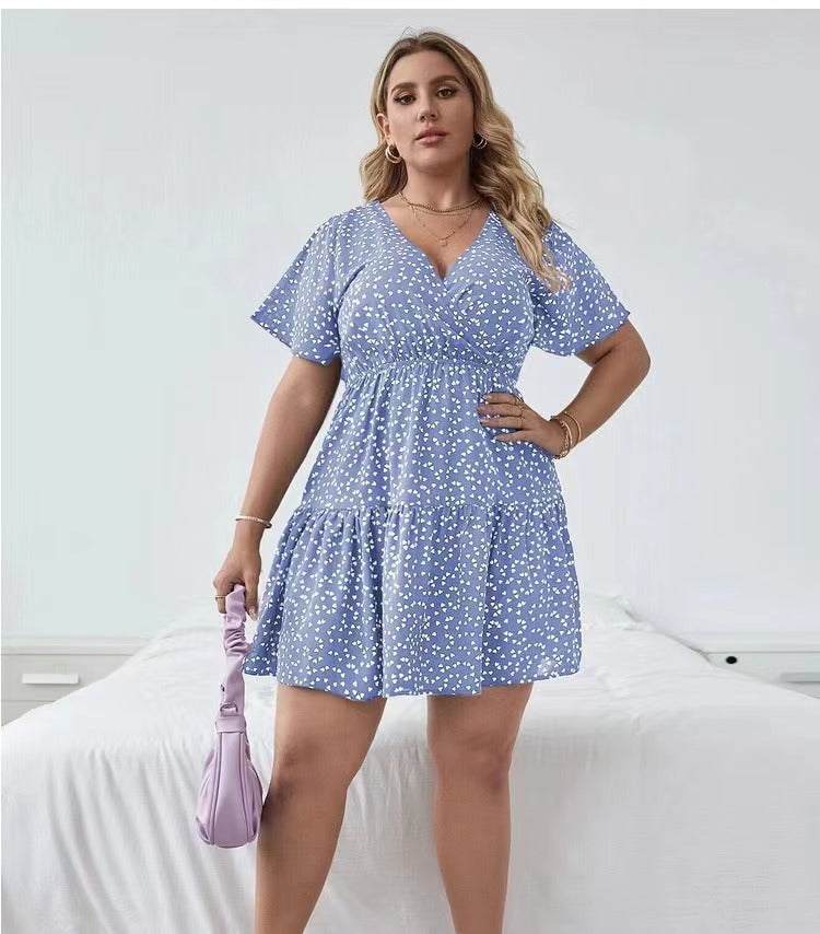 Plus Size Floral Wrap Mini Dress – Women’s V-Neck Ruffle A-Line Summer Dress S–4XL