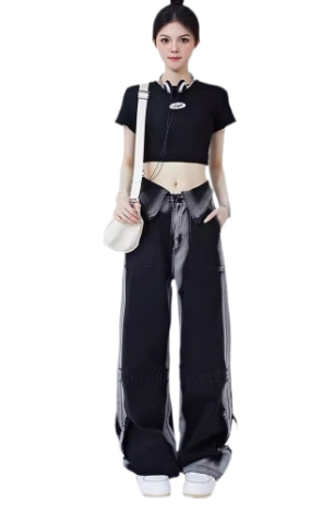 Women’s American-Style Retro Cuffed Jeans – High-Waist Straight-Leg Black Cotton Denim, S–XL
