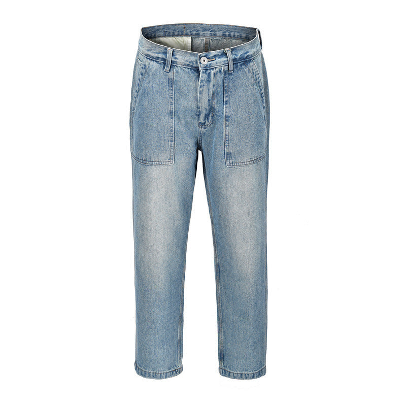 Men’s Light Blue Retro Hip-Hop Dad Jeans – Straight-Leg Pleated Washed Denim Pants, Sizes 28–36