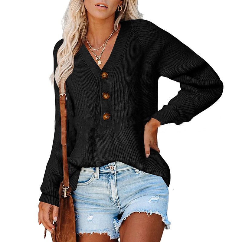 Women’s Button Knitted V-Neck Sweater – Cotton Loose-Fit Long Sleeve Pullover, 11 Colors, S–3XL