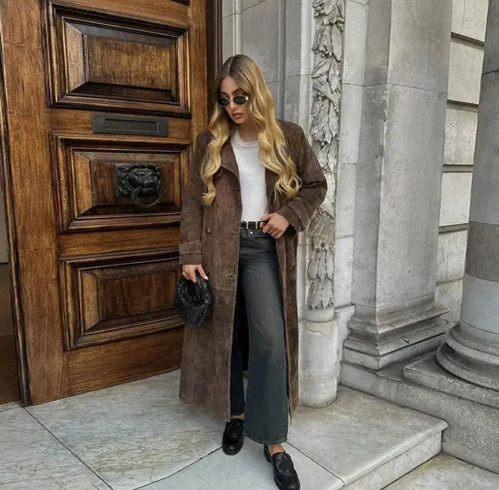 Women’s Double-Breasted Fashion Coat – Tailored Brown Elegant Jacket, S–L