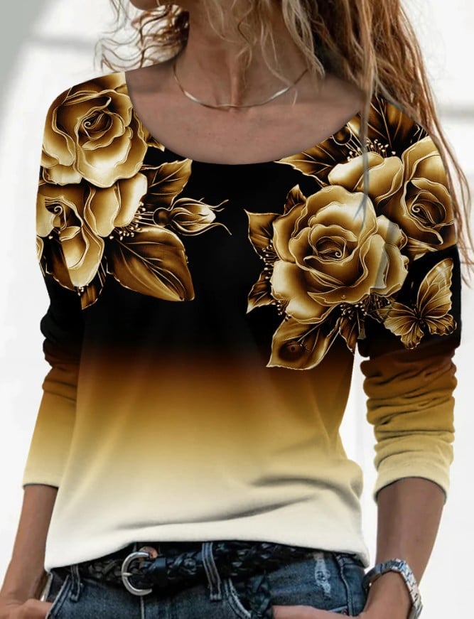 3D Printed Casual Long Sleeve Pullover T-Shirt for Women