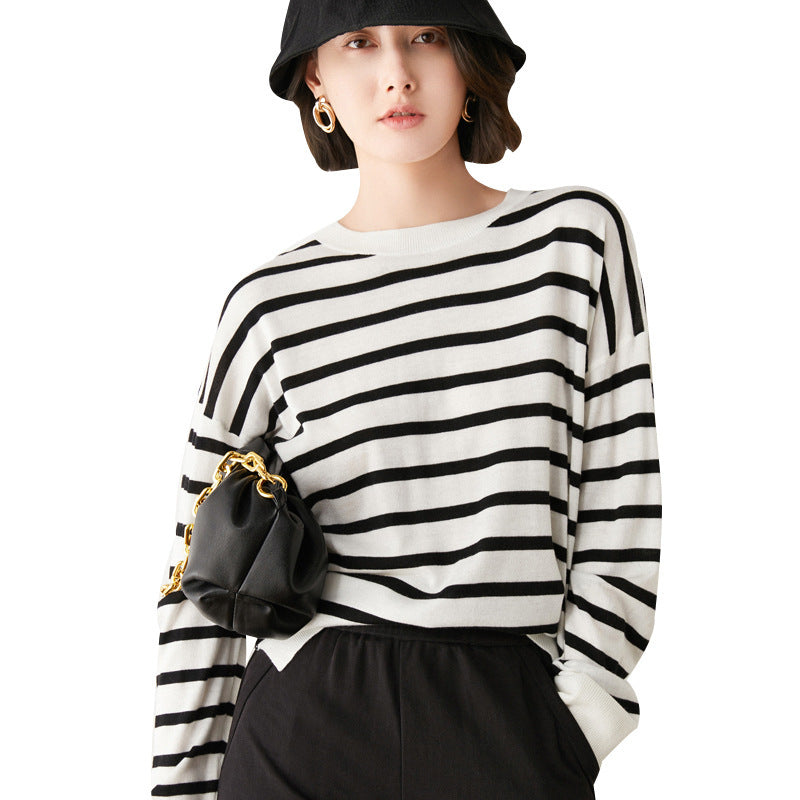 Striped Long Sleeve Round Neck T-Shirt for Women