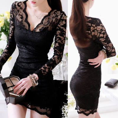 Women’s Black Lace Long-Sleeve Autumn Dress – Elegant Polyester Base Dress, S–XL