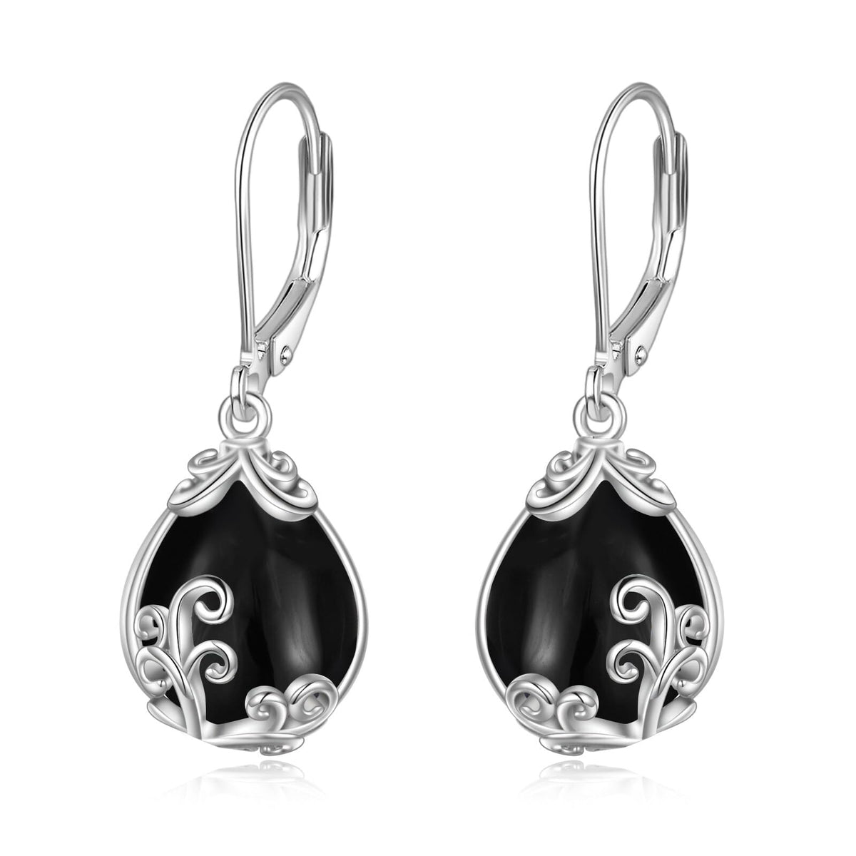POPLYKE Black Tourmaline Filigree Teardrop Earrings – 925 Sterling Silver Leverback
