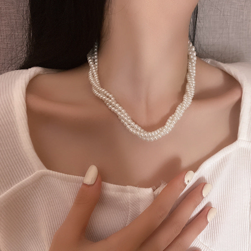 Korean Vintage Pearl Tassel Floral Bow Choker Necklace