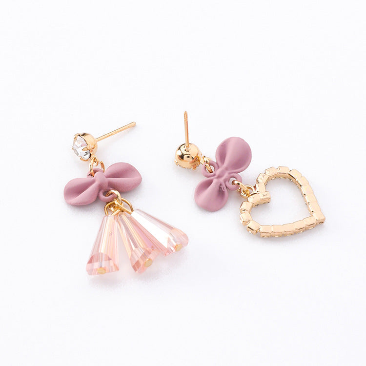 Heart Bow Tassel Asymmetric Earrings for Women – Romantic Dangle Jewelry