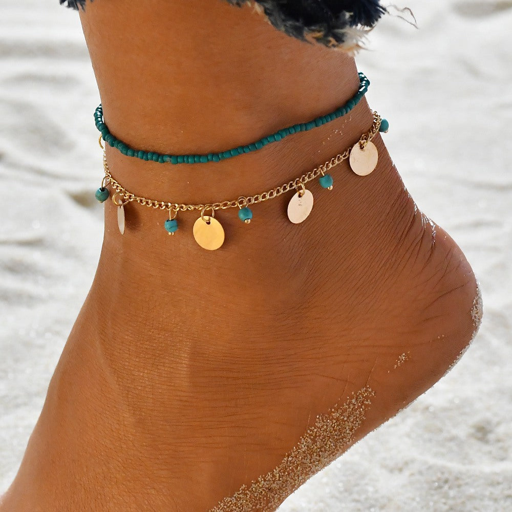 Round Bead Anklet with Turquoise - Bohemian Style
