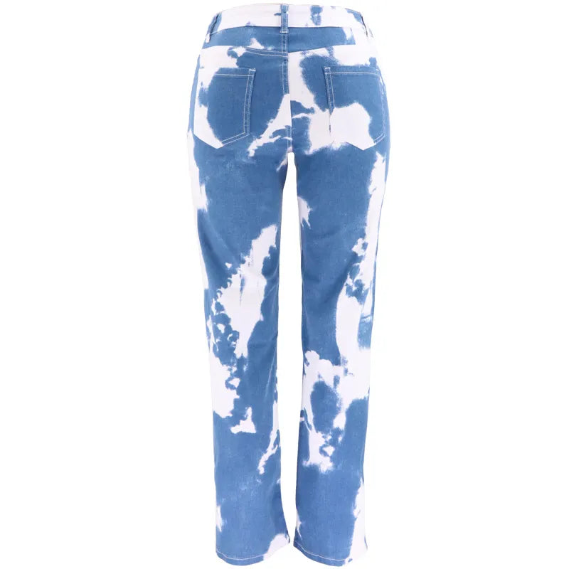 Women’s Tie-Dye Print Straight-Leg Jeans – Stretch Blue Denim Relaxed Fit, XS–2XL