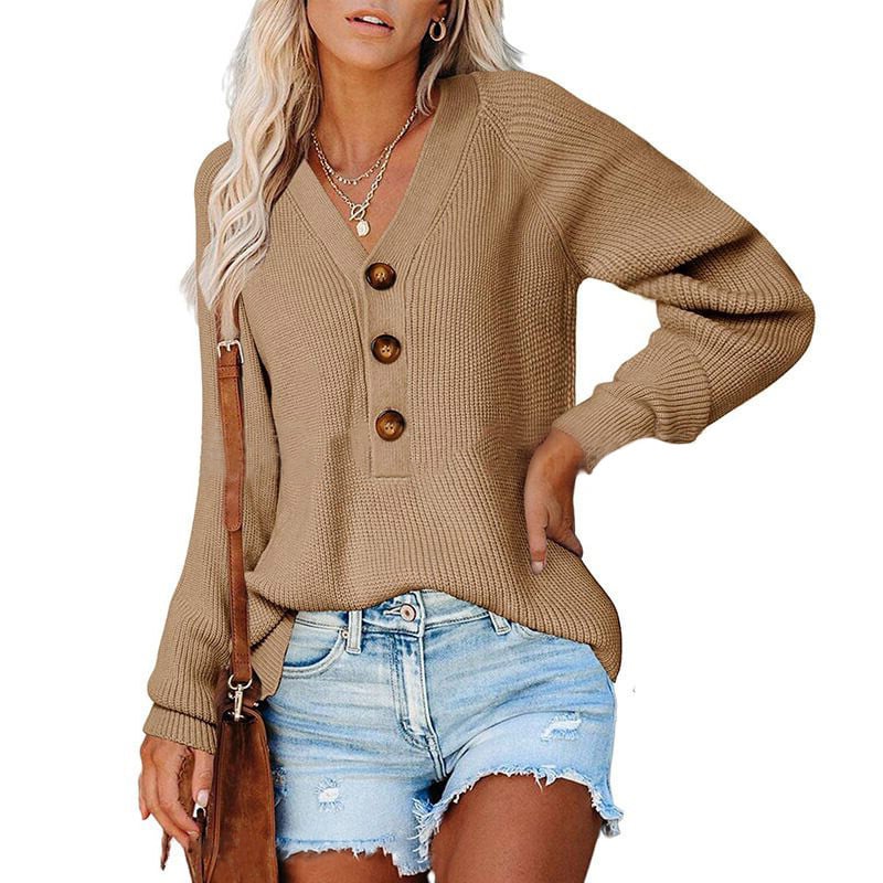 Women’s Button Knitted V-Neck Sweater – Cotton Loose-Fit Long Sleeve Pullover, 11 Colors, S–3XL