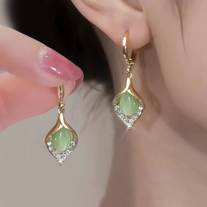 Cat’s Eye Teardrop Earrings – Geometric Alloy Jewelry with Sparkling Accents