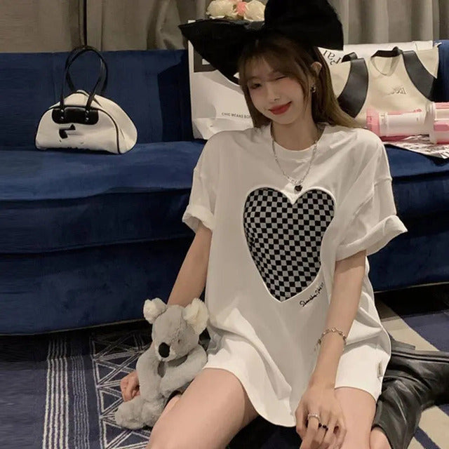 Korean Plaid Oversized T-Shirt Two-Piece Set for Women