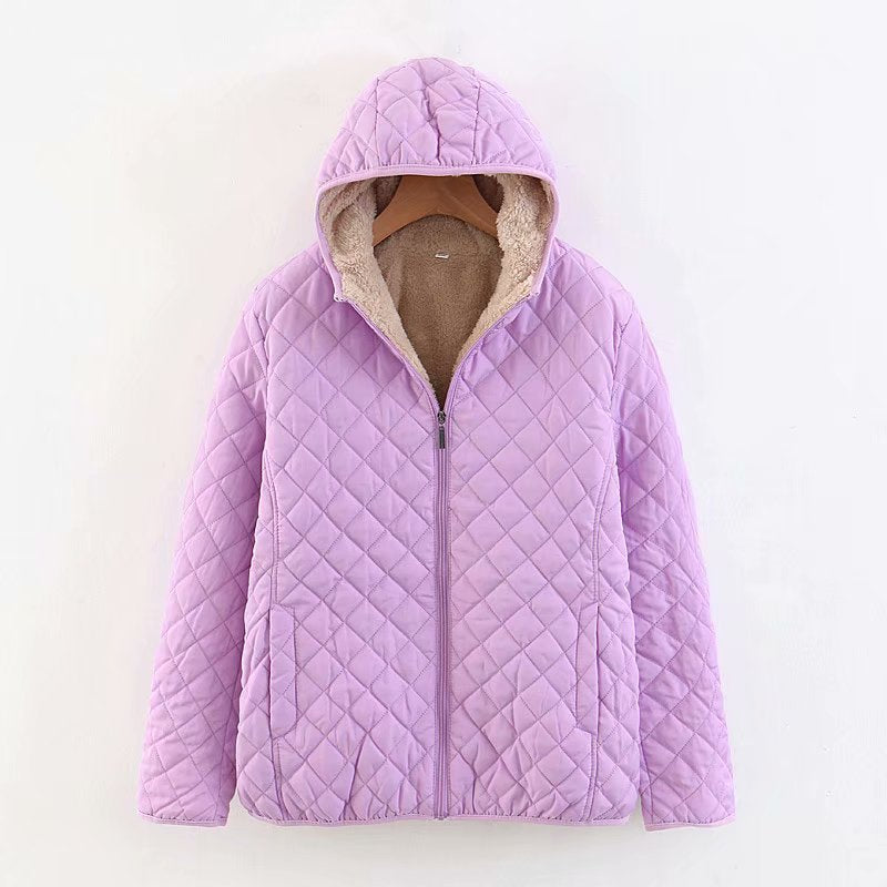 Women’s Plus Size Korean Plaid Fleece Jacket – Hooded Lamb Fleece Winter Coat, 10 Colors, S–3XL