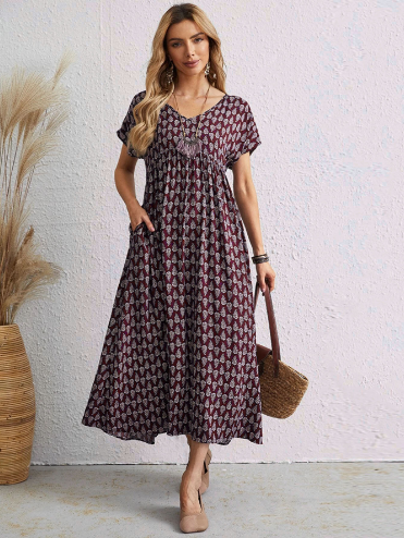 Women’s Floral Tie-Neck Maxi Dress – High-Waist A-Line Vacation Dress S–5XL