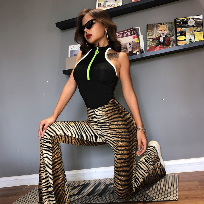 Women’s High-Waisted Leopard Print Flare Pants – Cotton Blend Stretch Bell-Bottom Trousers, S–XXL
