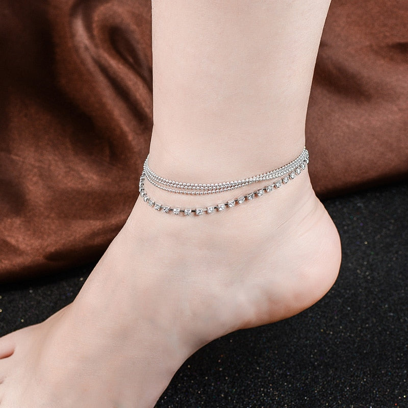 Multi-Layer Metallic Beaded Anklet with Sparkling Gems
