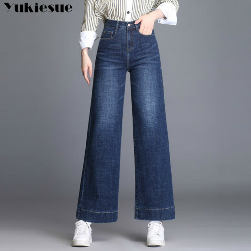 Women’s High-Waist Wide-Leg Ripped Jeans – Cotton Boyfriend Denim in Sky Blue & Blue, Sizes 26–33