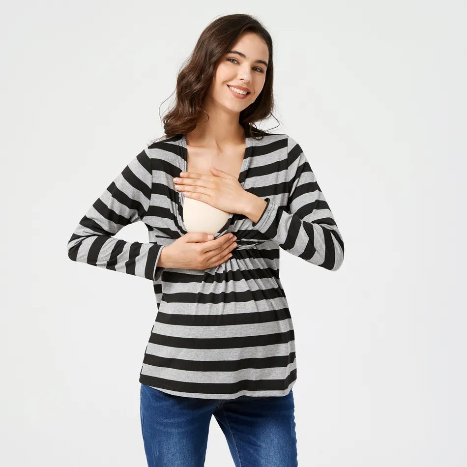 Women’s Striped V-Neck Maternity Nursing Top – Breastfeeding Casual Shirt