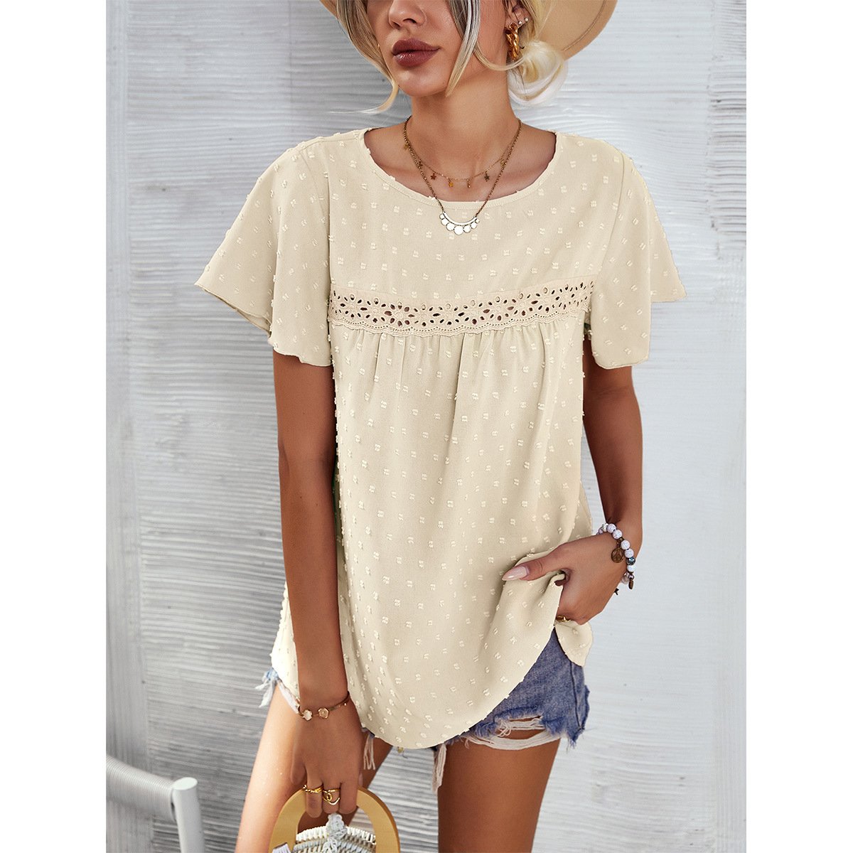 Women’s Solid Color Lace Babydoll Top – Short Sleeve Summer Blouse