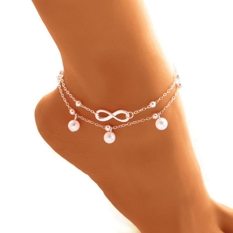Trendy Handmade Double Layer Pearl Anklet Bracelet