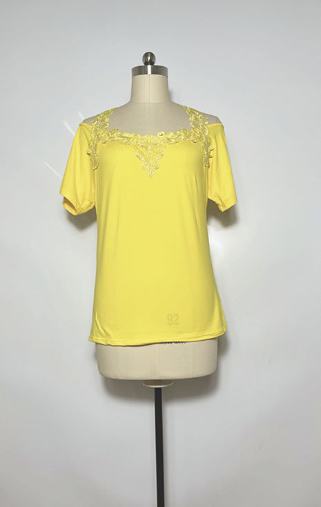 V-Neck Patchwork Lace Casual Loose T-Shirt for Women