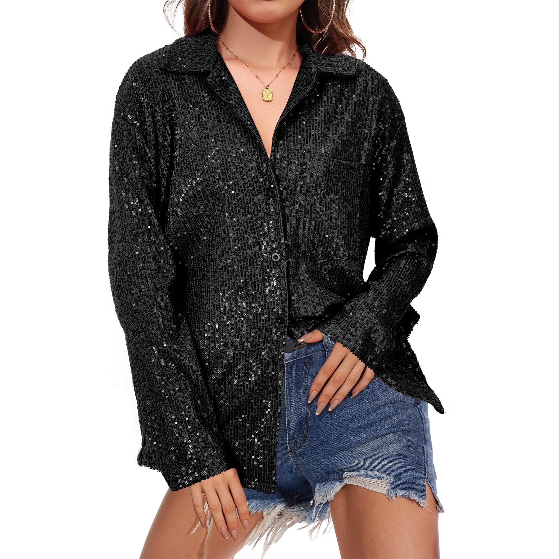 Zando Black Sequin Party Top for Women – Sparkly Rhinestone Glitter Blouse