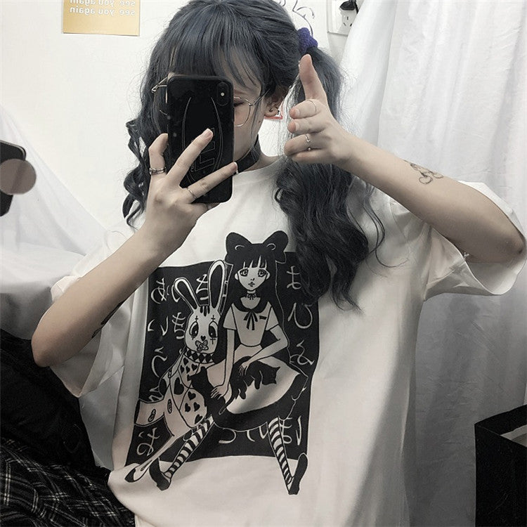 Japanese Retro Cartoon Short Sleeve T-Shirt for Women