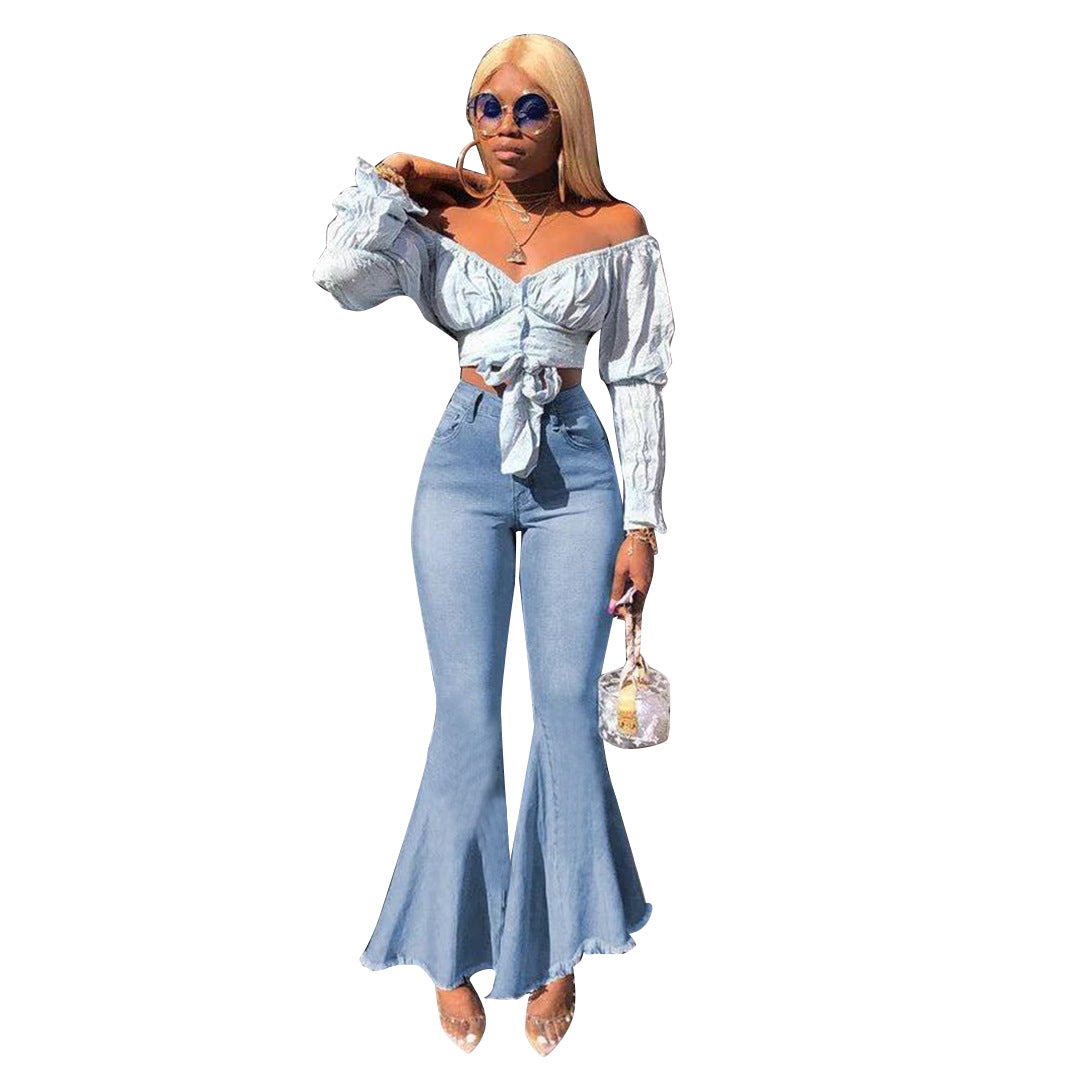 Women’s High-Stretch Denim Flared Jeans – Retro Flare Pants in Dark & Light Blue, S–3XL