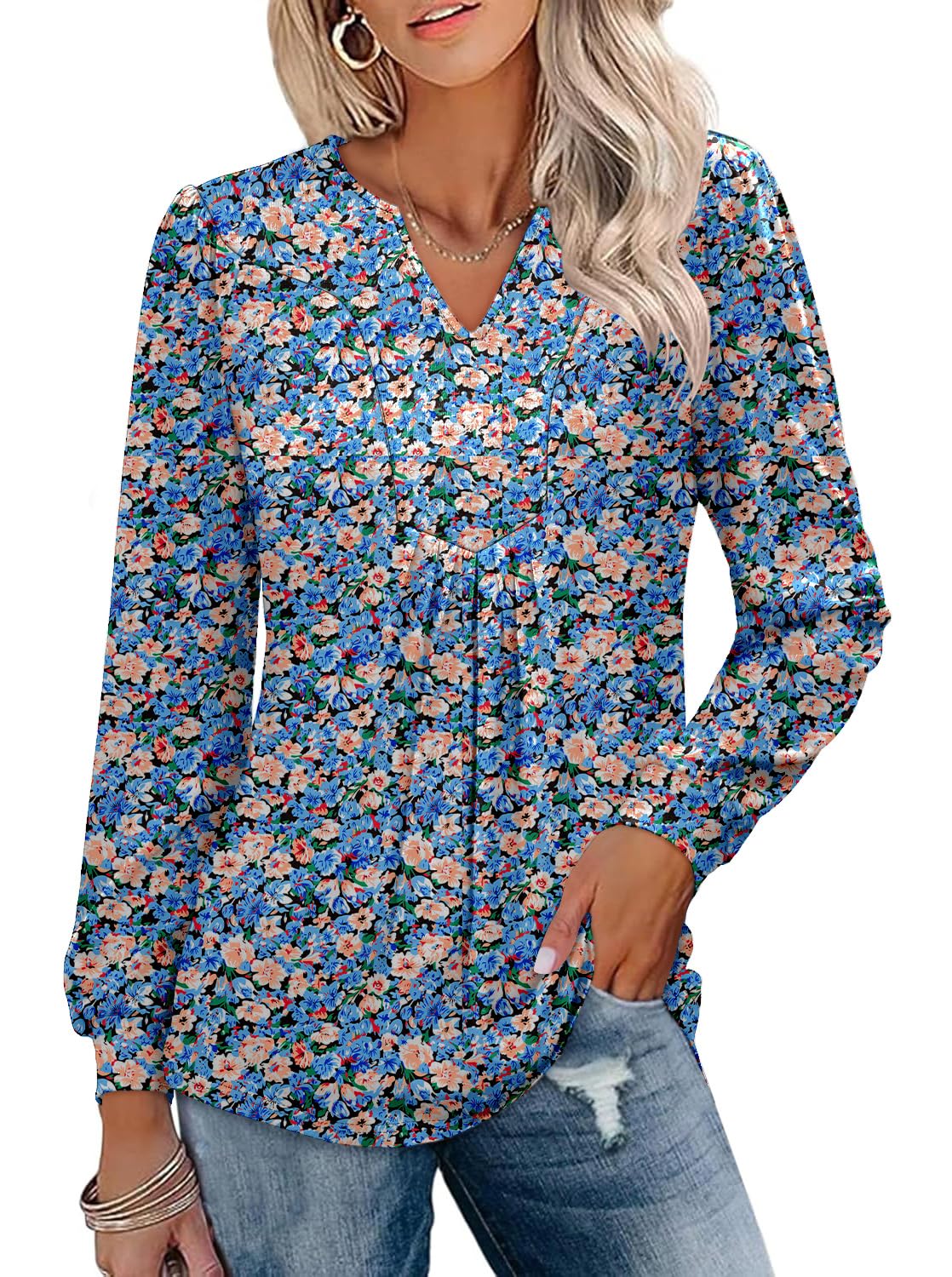 V-Neck Fall Blouse – Floral Long Sleeve Work Top for Women