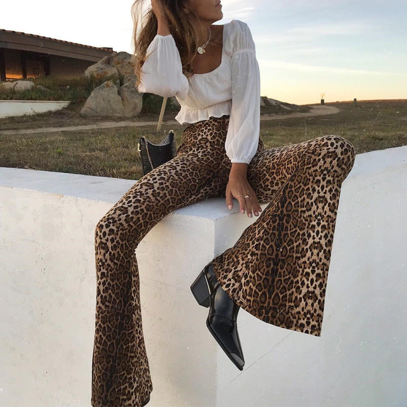Women’s High-Waisted Leopard Print Flare Pants – Cotton Blend Stretch Bell-Bottom Trousers, S–XXL