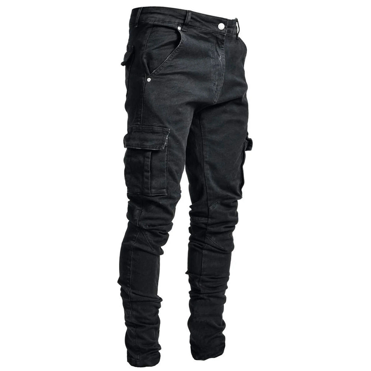 Fashionable Multi-Pocket Men’s Tooling Jeans – Cotton Utility Cargo Denim in Black & Light Blue, S–4XL