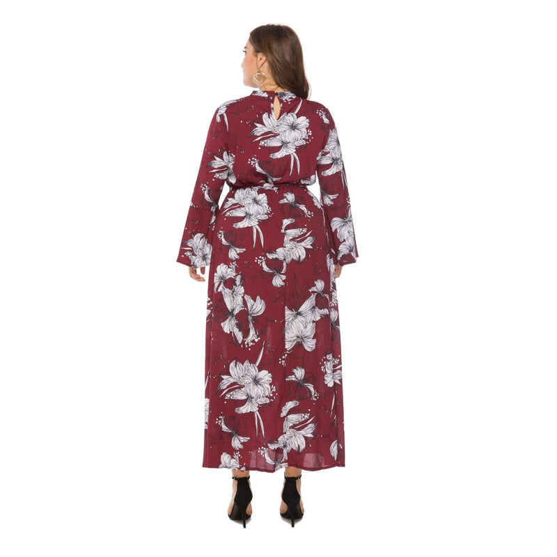 Plus Size Boho Floral Maxi Dress – Choker V-Neck Long Sleeve Dress XL–3XL