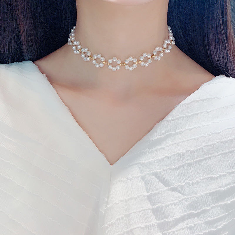 Korean Vintage Pearl Tassel Floral Bow Choker Necklace
