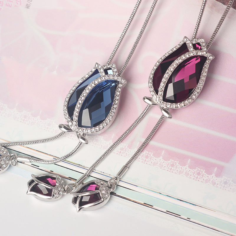 Women’s Tulip Crystal Sweater Chain Necklace – 98cm Long Alloy Pendant Necklace, Purple & Blue