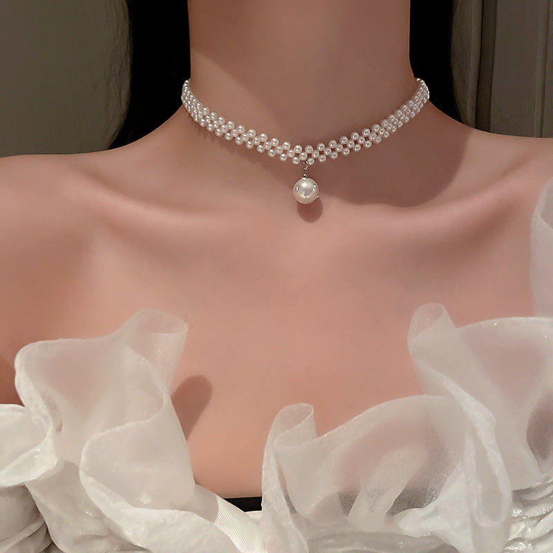 Korean Vintage Pearl Tassel Floral Bow Choker Necklace