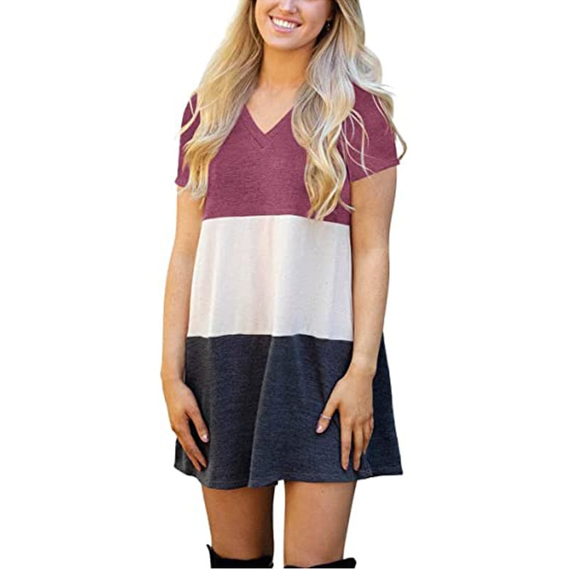 Color Matching V-neck Loose T-shirt Dress for Women