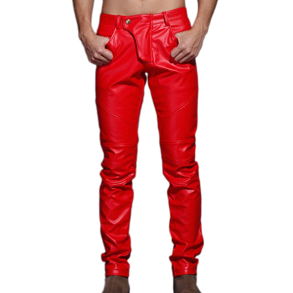 Men’s Slim Fit Spliced Leather Pants – Fashion Biker Trousers